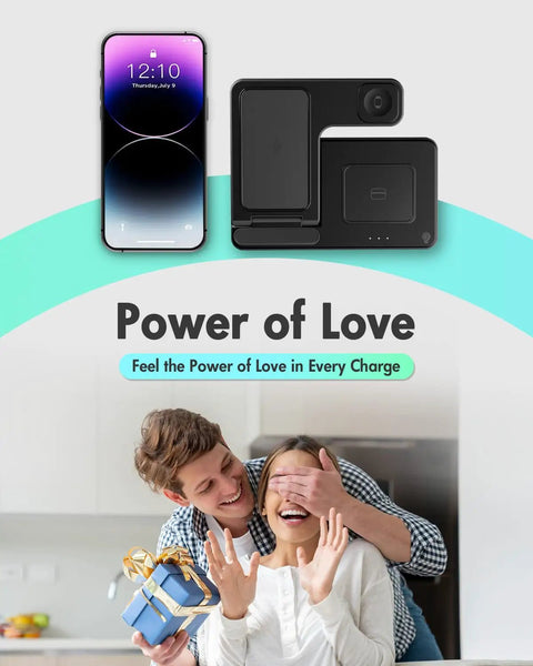Couple joyfully celebrating in kitchen with 3 In 1 Wireless Charging Station For iPhone Watch And AirPods Fast Drop In Charger Stand in view