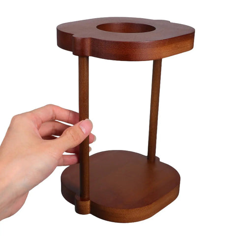 Smooth Brew Vibes Solid Wood Coffee Filter Cone Holder With Detachable Brewing Rack held in hand, highlighting cedar material and portable design.