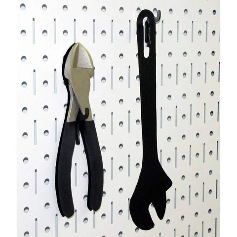 Heavy Duty Standard Workbench Metal Pegboard Tool Organizer In White And Black With pliers and wrench hanging