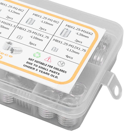 DIY Friendly Pro Grade Threaded Insert Kit With 33 Pieces M8x1.25 Stainless Steel Inserts in a clear plastic storage box.
