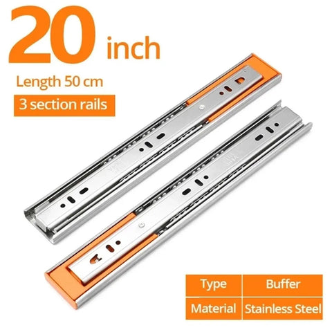 Full Extension Drawer Slides 10 To 22 Inches Stainless Steel Three Section Drawer Slide System shown in 20-inch length