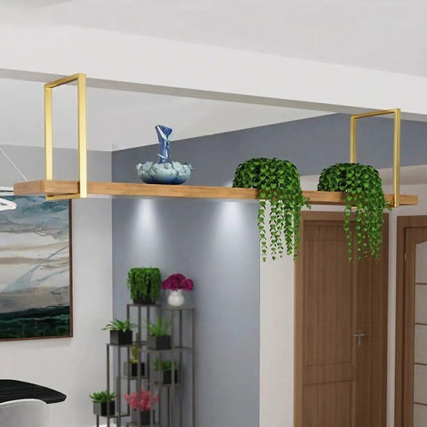 Heavy Duty Floating Shelf Brackets For Ceiling Or Wall Mount Premium Wrought Iron Pipe Frame With Matte Gold Plating Includes Full Screw Kit For Hella Stable Storage That Makes Every Room Look Top Notch Everyday with plants and decor.