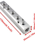 5 Way Pneumatic Manifold Air Distribution Block For Compressors, aluminum alloy block with dimensions, dual inlet G1/2 and outlet G1/4
