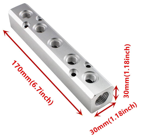 5 Way Pneumatic Manifold Air Distribution Block For Compressors, aluminum alloy block with dimensions, dual inlet G1/2 and outlet G1/4