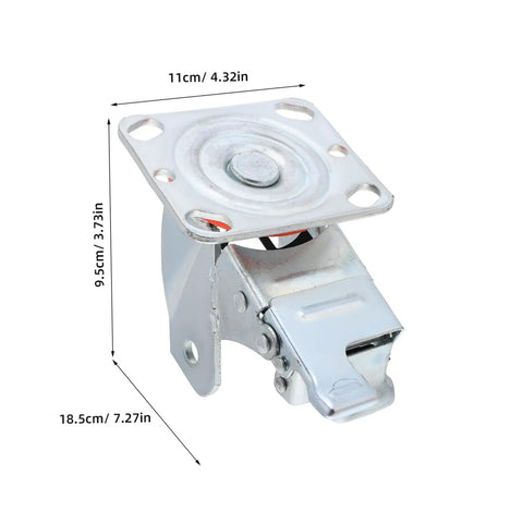Heavy Duty 4 Inch Swivel Caster Wheel Bracket With Brake And Lock For Heavy Load Furniture And Shop Equipment Built Tough Steel Cart Frame Roller, showing dimensions.