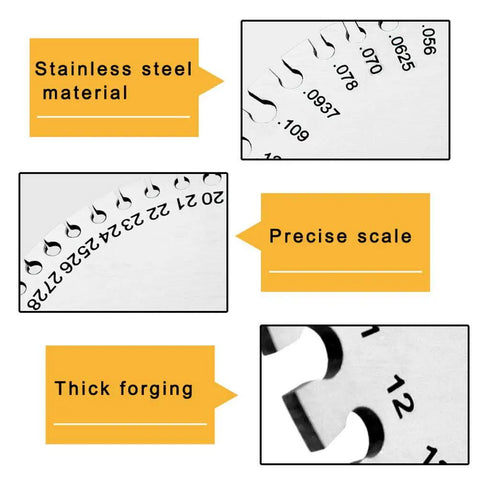 Close-up of Two Pack Stainless Steel Thickness Gauges showing precise scale, thick forging, and stainless steel material.