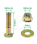 Bolts, nut, and washer set with dimensions labeled 3/8 in-16 and 1-3/4 in, steel construction