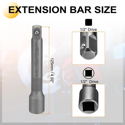 Heavy Duty 1/2 Inch Drive Deep Impact Socket Set Featuring a Massive 19mm Metric Size With A Long 5 Inch Extension Bar And Ratchet Wrench For Tightening Heavy Hex Bolts And Nuts Smoothly, 125mm 1/2" drive CR-MO steel extension bar