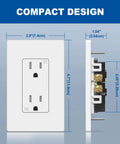 50 Pack Tamper Resistant 15 Amp Decorator Electrical Outlet With Screwless Wall Plate For Home And Commercial Use 15A 125V UL Listed White Durable Construction For High Traffic Areas, showing dimensions of outlet and plate.