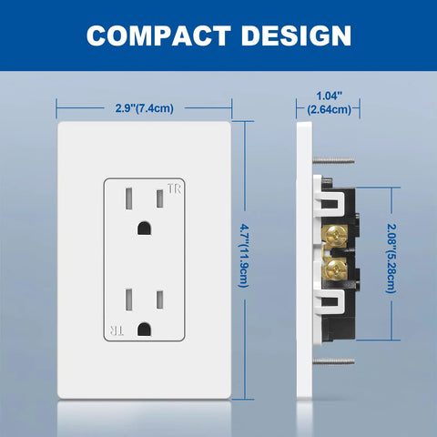 50 Pack Tamper Resistant 15 Amp Decorator Electrical Outlet With Screwless Wall Plate For Home And Commercial Use 15A 125V UL Listed White Durable Construction For High Traffic Areas, showing dimensions of outlet and plate.
