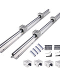 Four 1500mm SBR20 Linear Rails Kit With Eight SBR20UU Blocks For CNC Machines And 3D Printers Built Tough With Fully Supported Ball Bearing Guide Rails Includes Dowels And Hardware displayed with components.