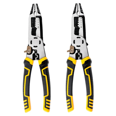 Eight-In-One Multi-Function Wire Stripper Pliers Chrome Vanadium Steel Electrician Hand Tools For Crimping Wire Cutting And Electrical Repairs Perfect For Home Maintenance Wiring Projects And Daily Tool Use, shown from the front with ergonomic grips.