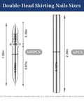 600 Piece Double Headed Skirting Nails 45 Gauge Galvanized Steel Rust Resistant Heavy Duty Fasteners sizing chart with dimensions.