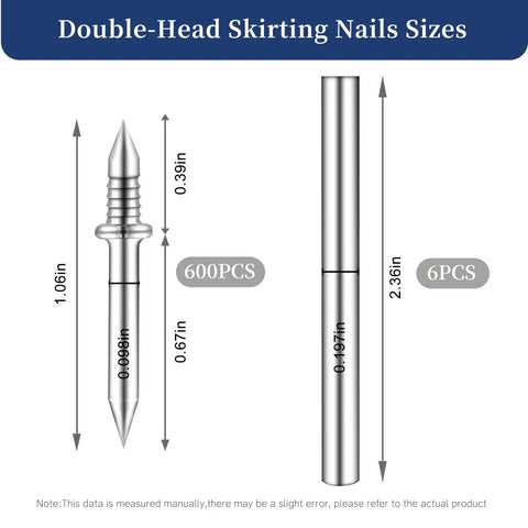 600 Piece Double Headed Skirting Nails 45 Gauge Galvanized Steel Rust Resistant Heavy Duty Fasteners sizing chart with dimensions.