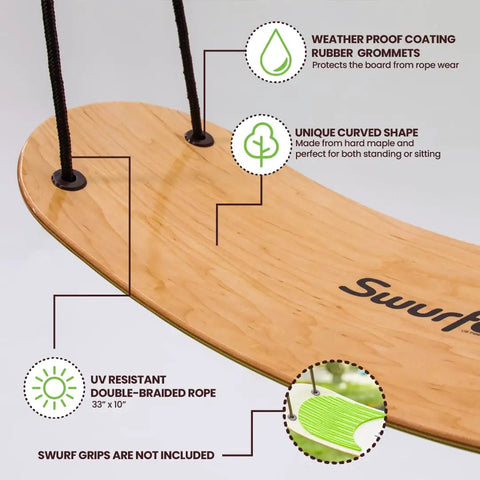 Close-up of Stand Up TreeSkate Outdoor Swing For Kids With Adjustable Handles And Easy Installation, showing weatherproof maple board.