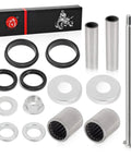 Swingarm Seals Bearing Sleeve And Pivot Bolt Rebuild Kit For TRX400EX TRX400X 1999-2014 Durable ATV Quad Repair Set With Bearings Sleeves Collars And Pivot Parts; silver steel parts laid out