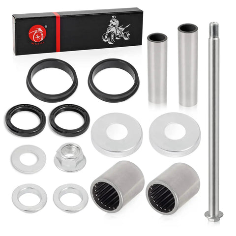 Swingarm Seals Bearing Sleeve And Pivot Bolt Rebuild Kit For TRX400EX TRX400X 1999-2014 Durable ATV Quad Repair Set With Bearings Sleeves Collars And Pivot Parts; silver steel parts laid out