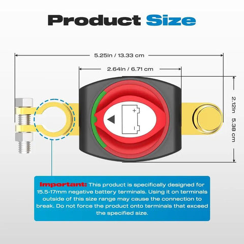 Battery Disconnect Switch 275A Continuous Heavy Duty On Off Kill Switch For Car Truck RV Boat 12-48V Quick Disconnect Negative Battery Safety Switch With 2x3 8 Inch Studs, shown with detailed measurements.