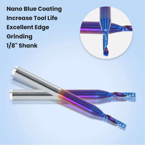 O-flute CNC router bits, two pieces, 1/8 inch shank, tungsten carbide with nano blue coating