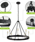 Eight-Light Wagon Wheel Chandelier in Black with E12 sockets, modern industrial style, metal connector, suitable for sloped ceiling.