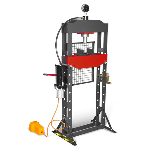 Built Tough 20 Ton H Frame Shop Press With Air And Hydraulic Power, Fully Welded Steel Frame, Safety Guard, Foot Pedal Control, And Movable Ram Head For Easy, Precise Pressing HSP20, front view
