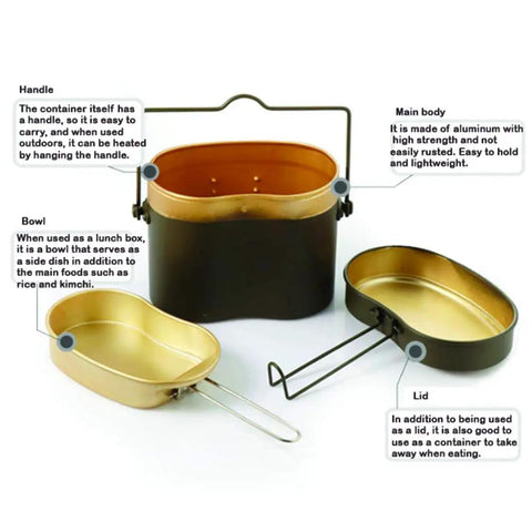 Three Piece Military Style Mess Kit for Camping And Outdoor Adventures with lid, aluminum canteen set, khaki color, Made in Korea.
