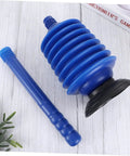 Heavy Hitter Two Piece Toilet Plunger Set With Grippy Handle To Kick Loose Stubborn Sink Clogs Using Rapid Air Surge For Smooth Bathroom Drain Clearing Zero Sweat Days, featuring blue plunger and handle.
