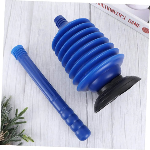 Heavy Hitter Two Piece Toilet Plunger Set With Grippy Handle To Kick Loose Stubborn Sink Clogs Using Rapid Air Surge For Smooth Bathroom Drain Clearing Zero Sweat Days, featuring blue plunger and handle.