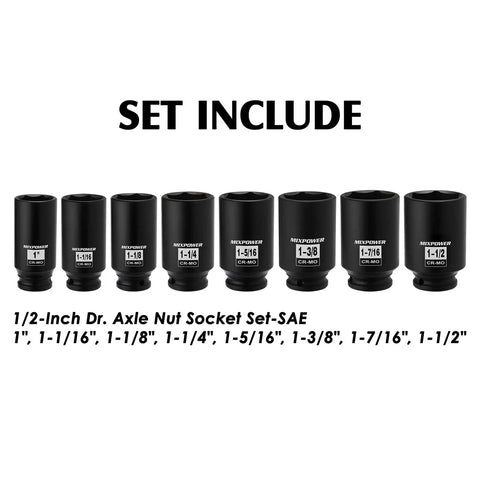 7 Piece 1/2 Inch Drive Deep Impact Socket Set 6-Point CR-MO Drop Forged With Black Phosphate Finish Sizes 1-3/8 Inch Through 1-3/4 Inch Heavy Duty Blow Mold Case High Torque For Axle Nuts And Spindles displayed with labeled sizes.
