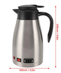 Heavy Duty 12V Car Electric Kettle With 1300ml Stainless Steel Body Crafted For Long Haul Drives And Trail Runs Boils Fresh Coffee And Tea Straight Up On The Fly, showing sleek stainless steel design with black lid and ergonomic handle.