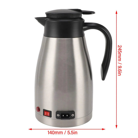 Heavy Duty 12V Car Electric Kettle With 1300ml Stainless Steel Body Crafted For Long Haul Drives And Trail Runs Boils Fresh Coffee And Tea Straight Up On The Fly, showing sleek stainless steel design with black lid and ergonomic handle.