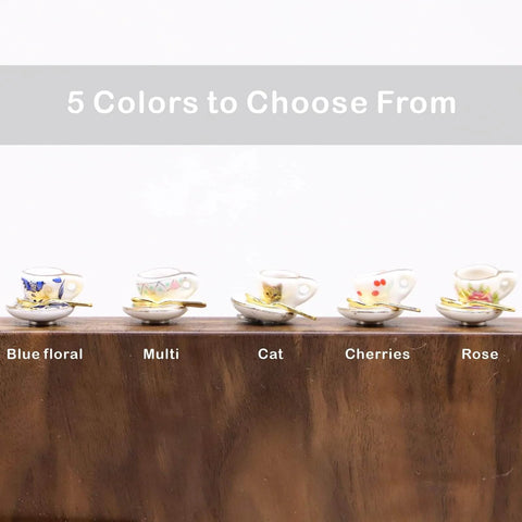 Whimsical Cherries Floral Tea Cup And Coffee Set With Magnetic Hinge Topper For Doors, Miniature Ceramic Figurine Door Decor
