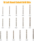 16 left hand cobalt drill bits for 55-Piece Easy Out Bolt Extractor Set With High Speed Steel Drill Bits, Drill Bit Guide Bits, Spiral Screw