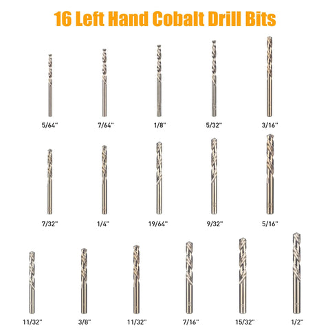 16 left hand cobalt drill bits for 55-Piece Easy Out Bolt Extractor Set With High Speed Steel Drill Bits, Drill Bit Guide Bits, Spiral Screw