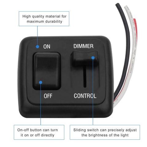 Badass 12V RV LED Dimmer Switch Large Black Slider with ON OFF DMER control for dimmable lamps and LED lighting upgrades.