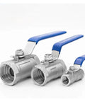Rock Solid Female Threaded Ball Valve With Smooth As Butter Handle For Dead Stop Leak Free Performance And Heavy Duty Flow Control On Any Residential Or Commercial Plumbing Setup, showing three sizes with blue handles.