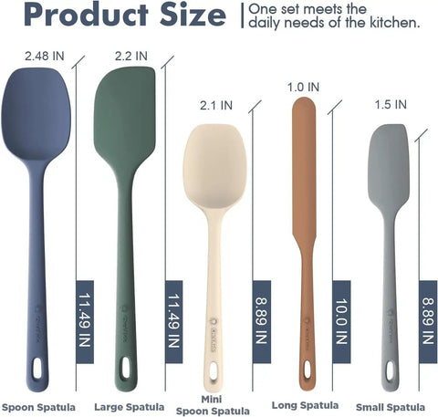 Top Shelf Silicone Spatula Set Five Piece Kit Heat Resistant Up To Six Hundred Degrees Seamless Handle Kitchen Cooking Tools Easy Wash Nonstick Baking Essential Gear showing five spatula sizes and colors.