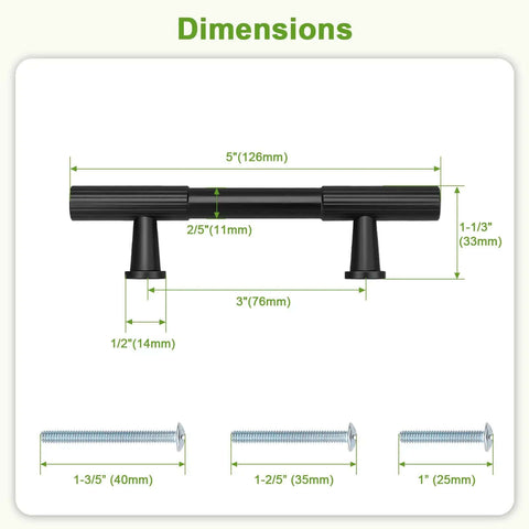 Dimensions of Ten Pack Three Inch Hole Centers Matte Black Solid Cabinet Handles And Drawer Pulls for Modern Kitchen and Bath
