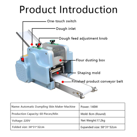 Game Changing Electric Automatic Dumpling Wrapper Maker With 8Cm Round Mold And Rock Solid 140W Motor, showing dough feed and conveyor features.
