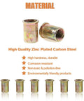M10 Rivet Nuts Kit 100 Pcs Zinc Plated Carbon Steel Flat Head Threaded Inserts for Furniture DIY Projects shown in detail with features.