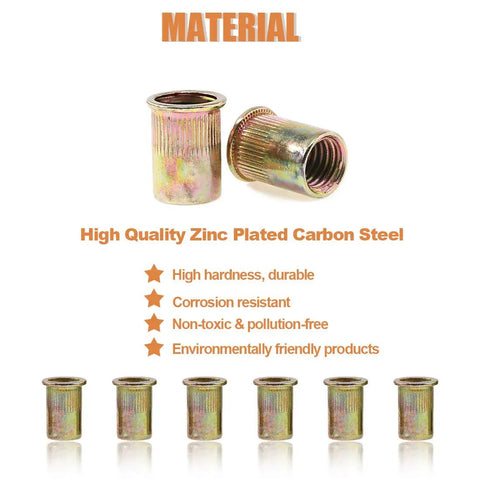 M10 Rivet Nuts Kit 100 Pcs Zinc Plated Carbon Steel Flat Head Threaded Inserts for Furniture DIY Projects shown in detail with features.