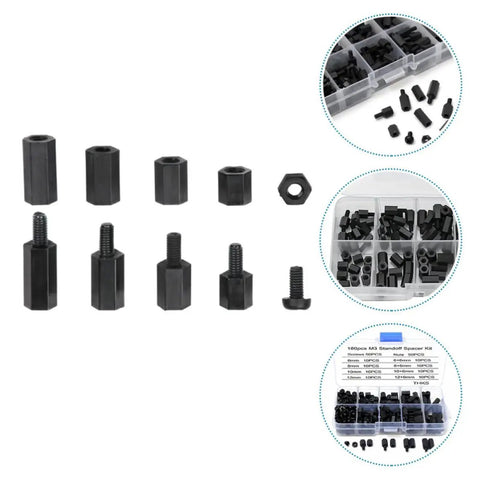 Nylon Standoff And Screw Kit 180 Piece With Nuts For Easy Install Hex Spacers Built For Automotive And Large Projects No Fuss Quick Install Durable Hardware Set For DIY Electronics And Mounting Needs. black nylon M3 standoff spacer kit with assorted screws and nuts, 180 pieces, in organizer box