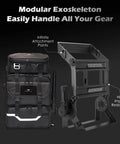 Rugged Modular Waterproof Camera Backpack With Front Pack And Magic Arm Rig Exoskeleton Design shown with modular parts