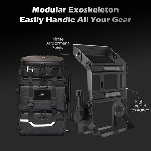 Rugged Modular Waterproof Camera Backpack With Front Pack And Magic Arm Rig Exoskeleton Design shown with modular parts