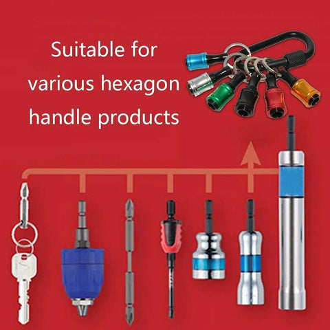 One Quarter Inch Hex Shank Aluminum Alloy Screwdriver Bits Holder Extension Bar Drill Adapter With Quick Change Pull Out Bushing Portable Keychain Tool displayed with various hex handle products on a red background.