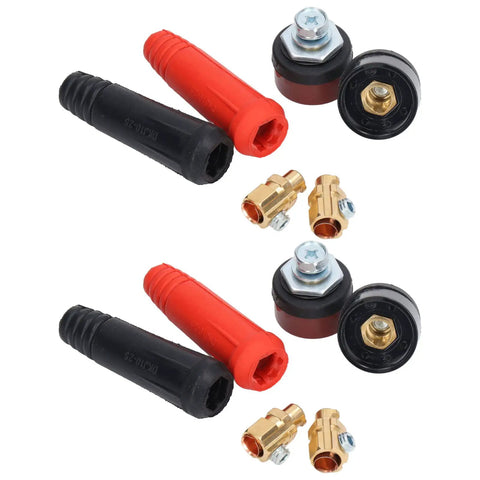 12 Piece Welding Cable Panel Connector Set With Quick Fit Design, showing red and black ABS connectors with metal bolts.