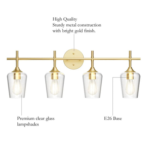 Dope Four Lights Gold Vanity Light Fixture Vintage Gold Wall Lighting with Clear Glass Over Mirror for Bathroom E26 Socket