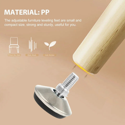 Heavy Duty Adjustable Swivel Leveling Feet For Furniture With Thick Anti Scratch Bumpers And Rock Solid Grip No Hassle Setup, showing silver base on wooden leg.