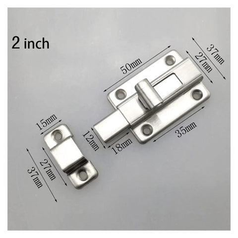 Heavy Duty Stainless Steel Sliding Door Barrel Bolt Spring Latch Gate Lock measures 2 inches with precise dimensions for secure fit.