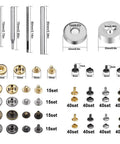 Leather Rivets and Snap Fastener Kit With Tools for DIY Projects Shoes Repair 320 Rivets in Two Sizes 60 Snap Buttons Includes Double Sided Nylon Hammer and Fixing Tools for Easy Craft Repair and Upgrades shown in various sizes and metallic colors.